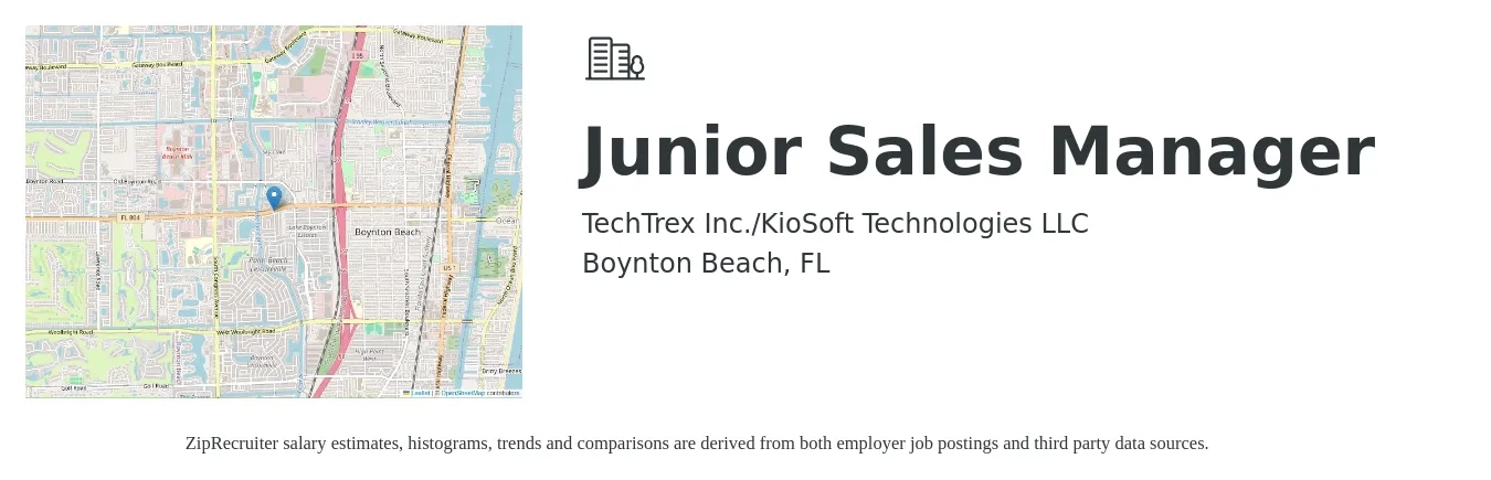 TechTrex Inc./KioSoft Technologies LLC job posting for a Junior Sales Manager in Boynton Beach, FL with a salary of $38,000 to $53,400 Yearly with a map of Boynton Beach location.