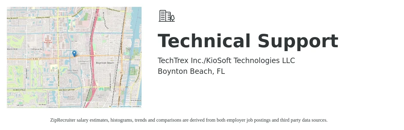 TechTrex Inc./KioSoft Technologies LLC job posting for a Technical Support in Boynton Beach, FL with a salary of $45,000 Yearly with a map of Boynton Beach location.