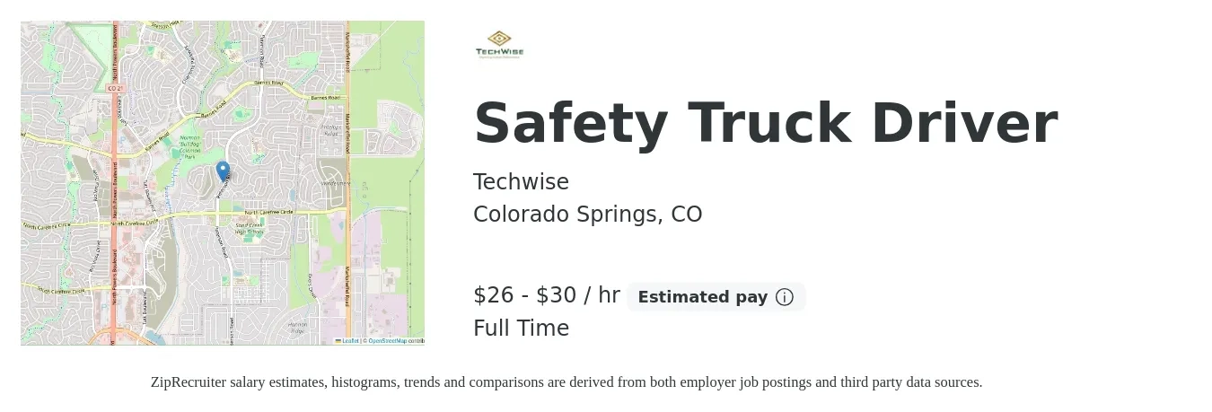 Techwise job posting for a Safety Truck Driver in Colorado Springs, CO with a salary of $28 to $32 Hourly with a map of Colorado Springs location.