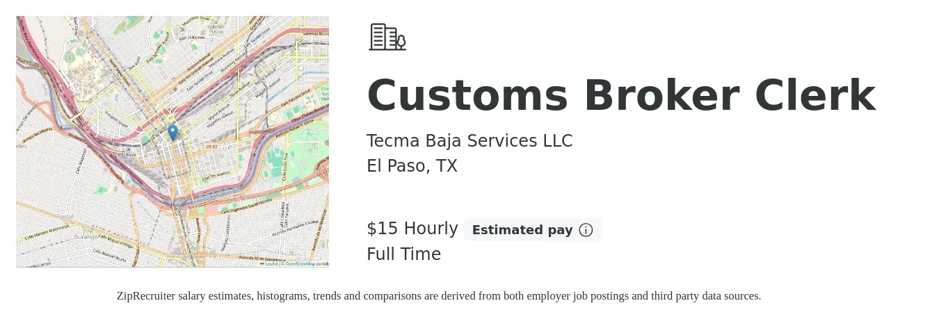 Tecma Baja Services LLC job posting for a Customs Broker Clerk in El Paso, TX with a salary of $16 Hourly with a map of El Paso location.