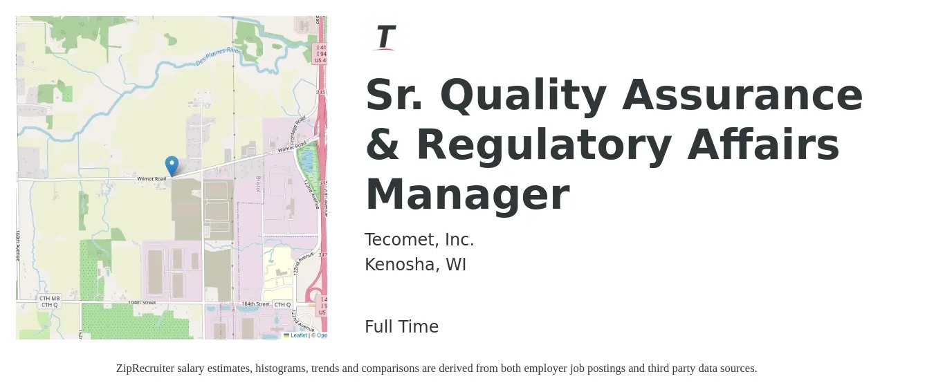 Tecomet, Inc. job posting for a Sr. Quality Assurance & Regulatory Affairs Manager in Kenosha, WI with a salary of $90,800 to $138,700 Yearly with a map of Kenosha location.