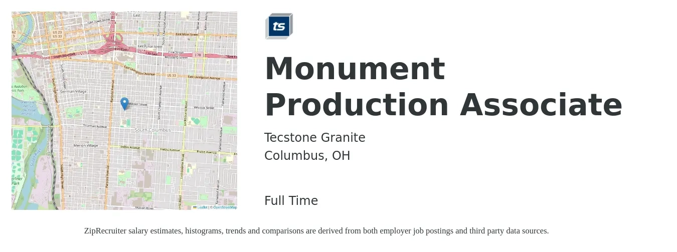 Tecstone Granite job posting for a Monument Production Associate in Columbus, OH with a salary of $27 Hourly with a map of Columbus location.