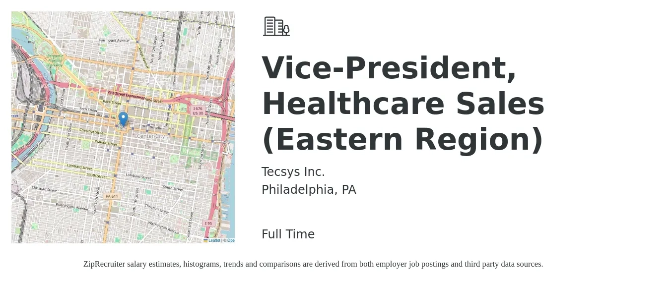Tecsys Inc. job posting for a Vice-President, Healthcare Sales (Eastern Region) in Philadelphia, PA with a salary of $126,100 to $196,800 Yearly with a map of Philadelphia location.