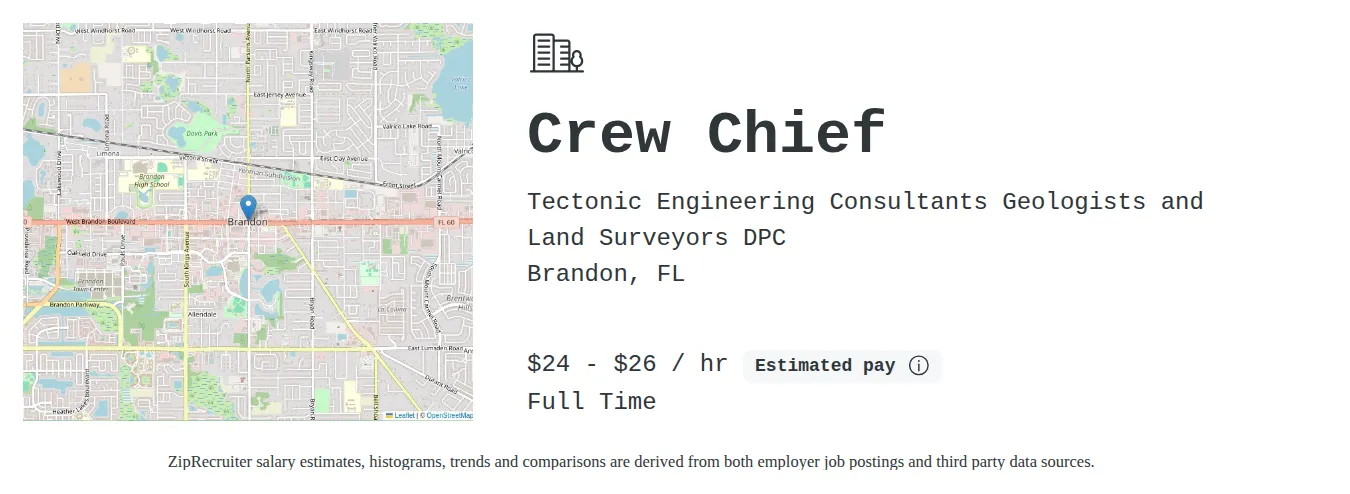 Tectonic Engineering Consultants Geologists and Land Surveyors DPC job posting for a Crew Chief in Brandon, FL with a salary of $25 to $28 Hourly and benefits including Medical, Vision, Dental, PTO, Life, and Retirement with a map of Brandon location.