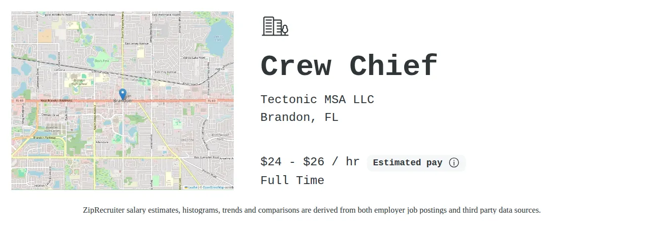 Tectonic MSA LLC job posting for a Crew Chief in Brandon, FL with a salary of $25 to $28 Hourly and benefits including Medical, Vision, Dental, PTO, Life, and Retirement with a map of Brandon location.