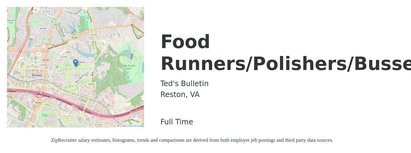Ted's Bulletin job posting for a Food Runners/Polishers/Bussers in Reston, VA with a salary of $12 to $18 Hourly with a map of Reston location.