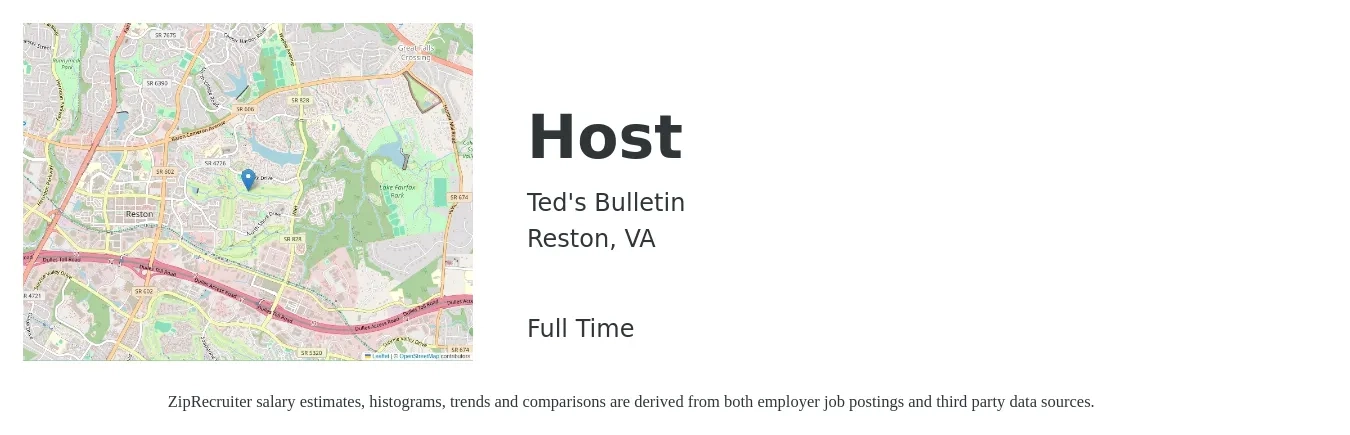 Ted's Bulletin job posting for a Host in Reston, VA with a salary of $12 to $18 Hourly with a map of Reston location.