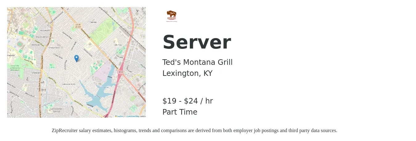 Ted's Montana Grill job posting for a Server in Lexington, KY with a salary of $20 to $25 Hourly with a map of Lexington location.