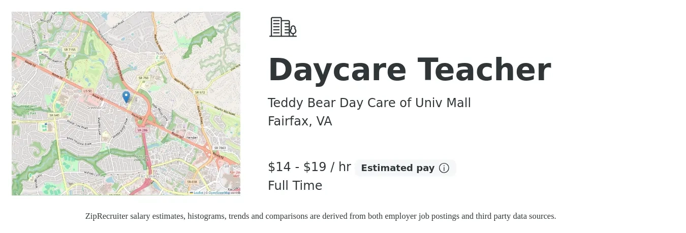 Teddy Bear Day Care of Univ Mall job posting for a Daycare Teacher in Fairfax, VA with a salary of $15 to $20 Hourly with a map of Fairfax location.