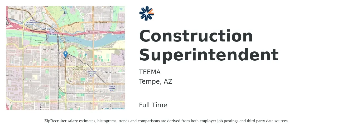 TEEMA job posting for a Construction Superintendent in Tempe, AZ with a salary of $68,000 to $110,600 Yearly with a map of Tempe location.