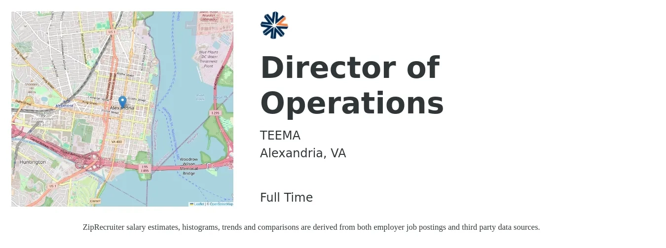 TEEMA job posting for a Director of Operations in Alexandria, VA with a salary of $80,800 to $145,000 Yearly with a map of Alexandria location.