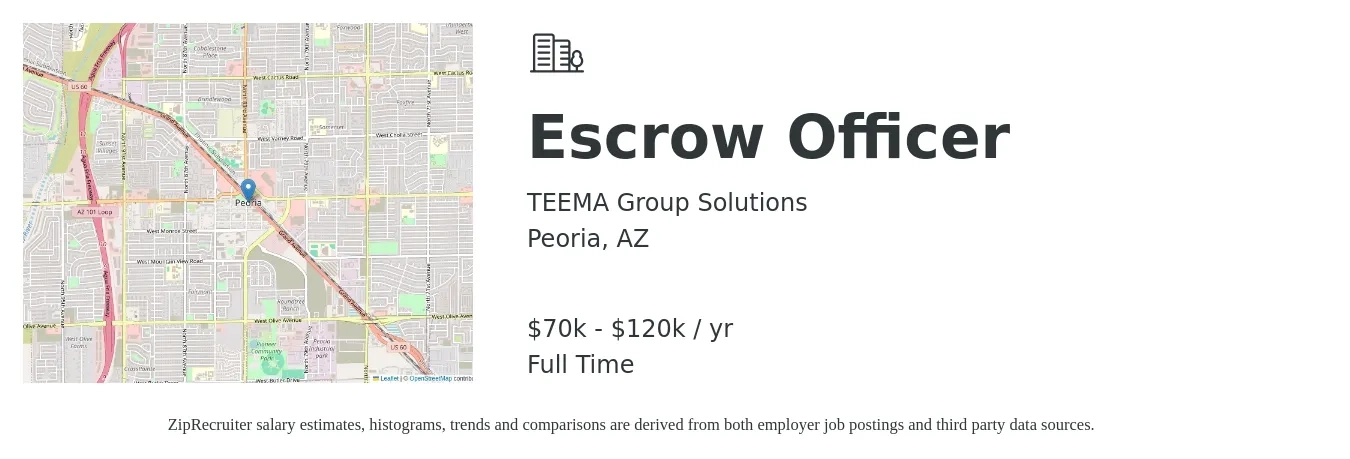 TEEMA Group Solutions job posting for a Escrow Officer in Peoria, AZ with a salary of $70,000 to $120,000 Yearly with a map of Peoria location.