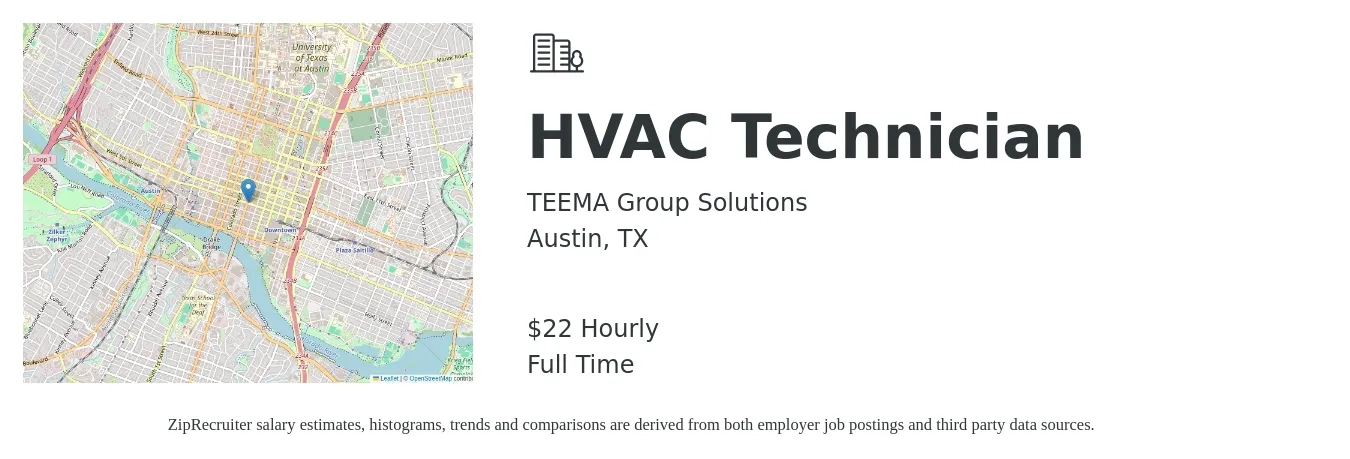 TEEMA Group Solutions job posting for a HVAC Technician in Austin, TX with a salary of $23 Hourly with a map of Austin location.