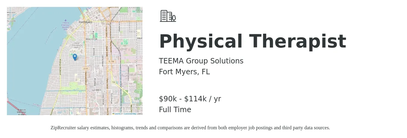 TEEMA Group Solutions job posting for a Physical Therapist in Fort Myers, FL with a salary of $90,000 to $114,000 Yearly with a map of Fort Myers location.