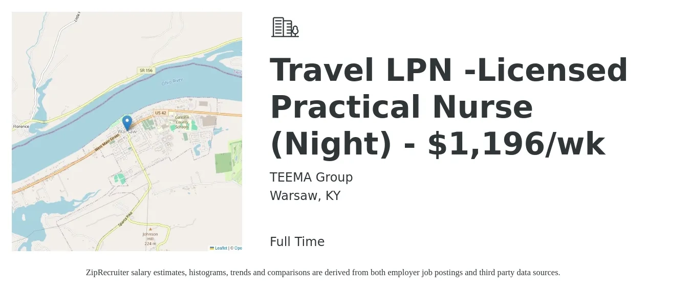 TEEMA Group job posting for a Travel LPN -Licensed Practical Nurse (Night) - $1,196/wk in Warsaw, KY with a salary of $1,196 Weekly with a map of Warsaw location.