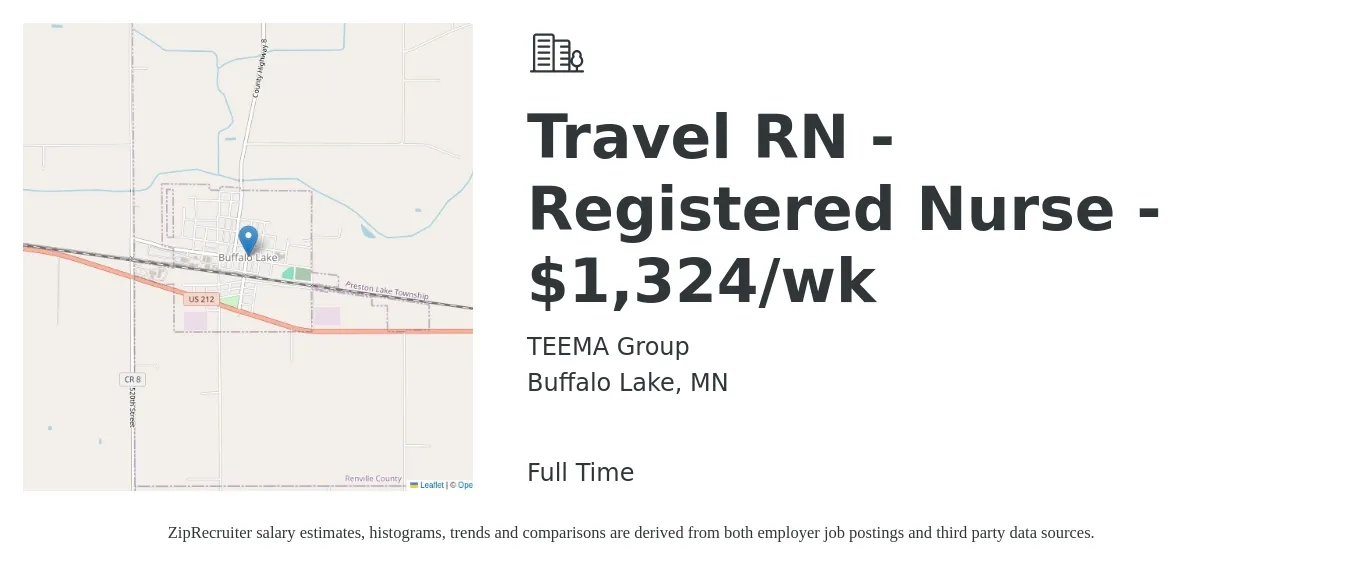 TEEMA Group job posting for a Travel RN - Registered Nurse - $1,324/wk in Buffalo Lake, MN with a salary of $1,324 Weekly with a map of Buffalo Lake location.