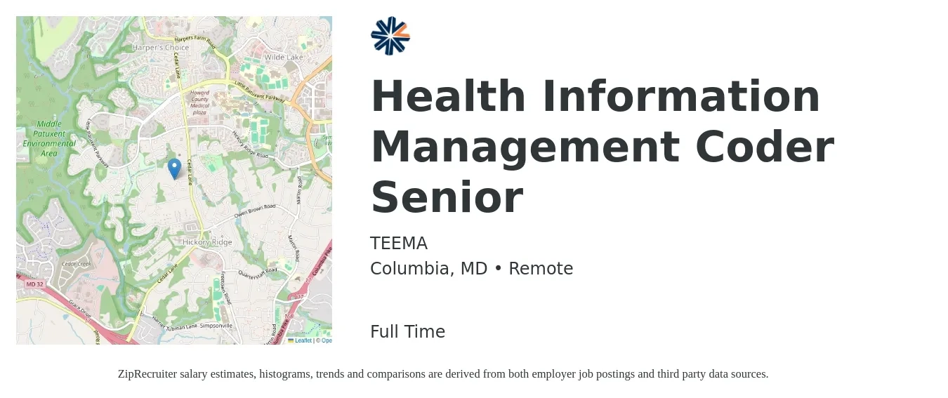 TEEMA job posting for a Health Information Management Coder Senior in Columbia, MD with a salary of $20 to $36 Hourly with a map of Columbia location.