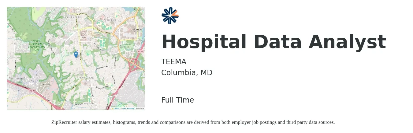 TEEMA job posting for a Hospital Data Analyst in Columbia, MD with a salary of $62,000 to $96,300 Yearly with a map of Columbia location.