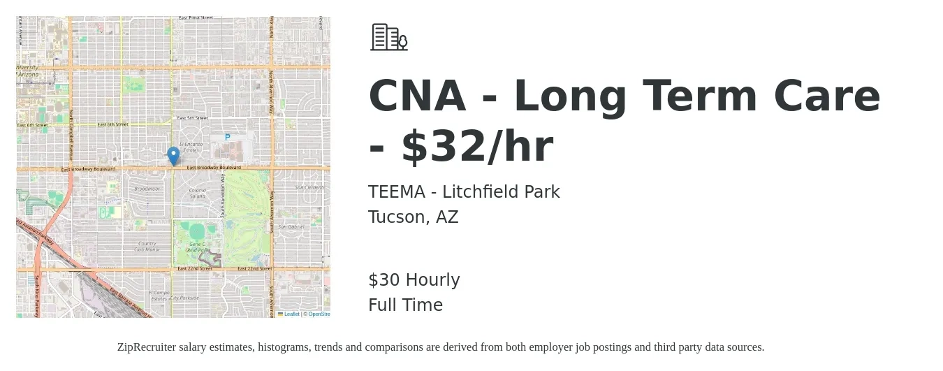 TEEMA - Litchfield Park job posting for a CNA - Long Term Care - $32/hr in Tucson, AZ with a salary of $32 Hourly with a map of Tucson location.