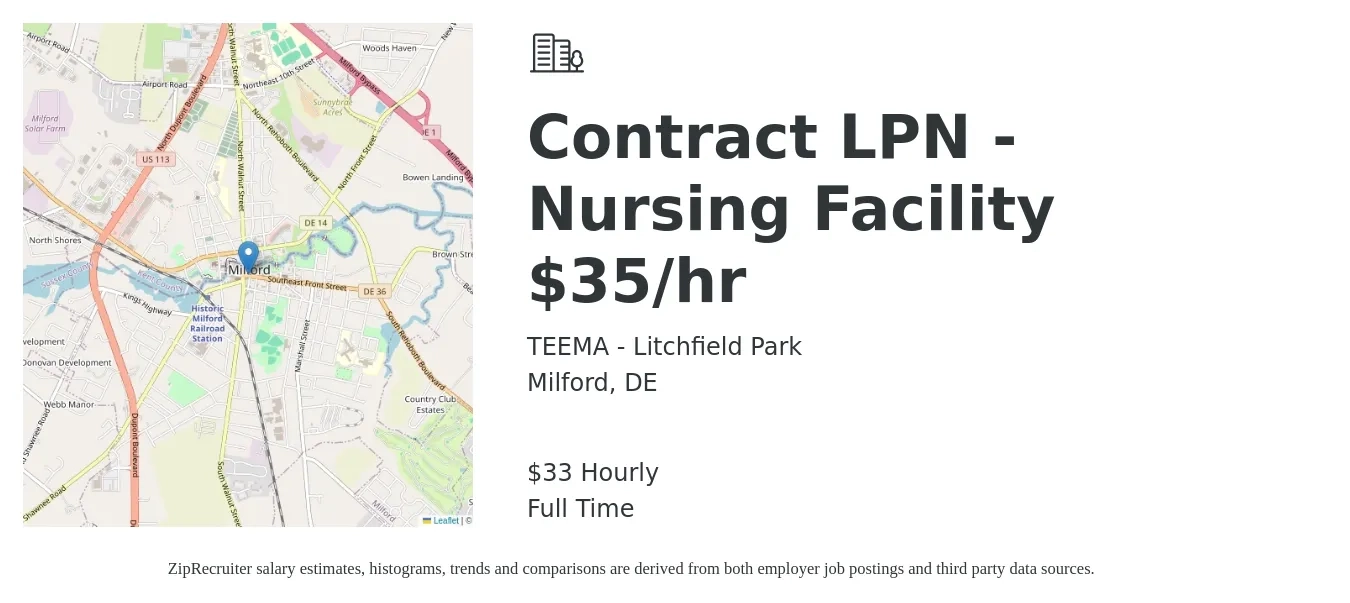 TEEMA - Litchfield Park job posting for a Contract LPN - Nursing Facility $35/hr in Milford, DE with a salary of $35 Hourly with a map of Milford location.