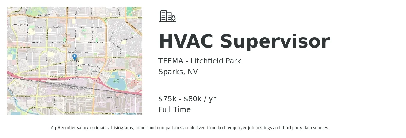 TEEMA - Litchfield Park job posting for a HVAC Supervisor in Sparks, NV with a salary of $75,000 to $80,000 Yearly with a map of Sparks location.