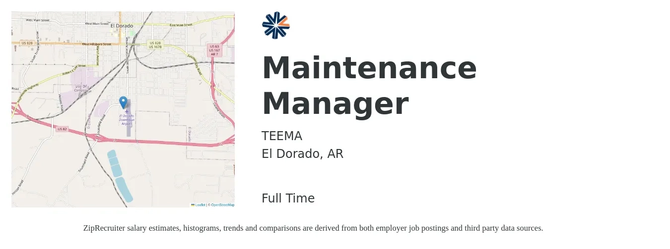 TEEMA job posting for a Maintenance Manager in El Dorado, AR with a salary of $21 to $35 Hourly with a map of El Dorado location.