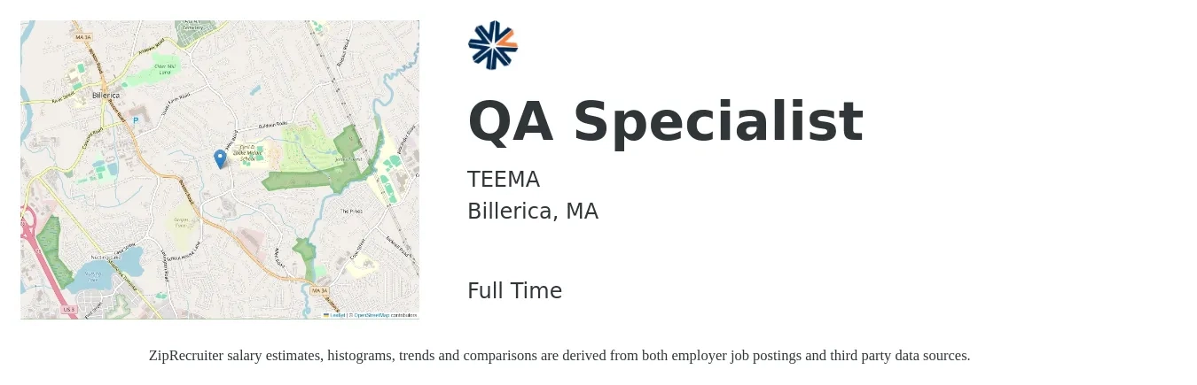 TEEMA job posting for a QA Specialist in Billerica, MA with a salary of $60,500 to $89,700 Yearly with a map of Billerica location.