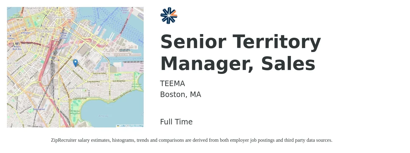 TEEMA job posting for a Senior Territory Manager, Sales in Boston, MA with a salary of $72,800 to $111,900 Yearly with a map of Boston location.