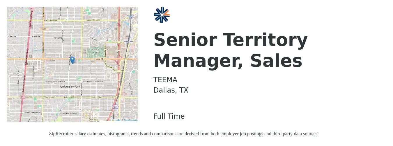 TEEMA job posting for a Senior Territory Manager, Sales in Dallas, TX with a salary of $66,300 to $101,900 Yearly with a map of Dallas location.