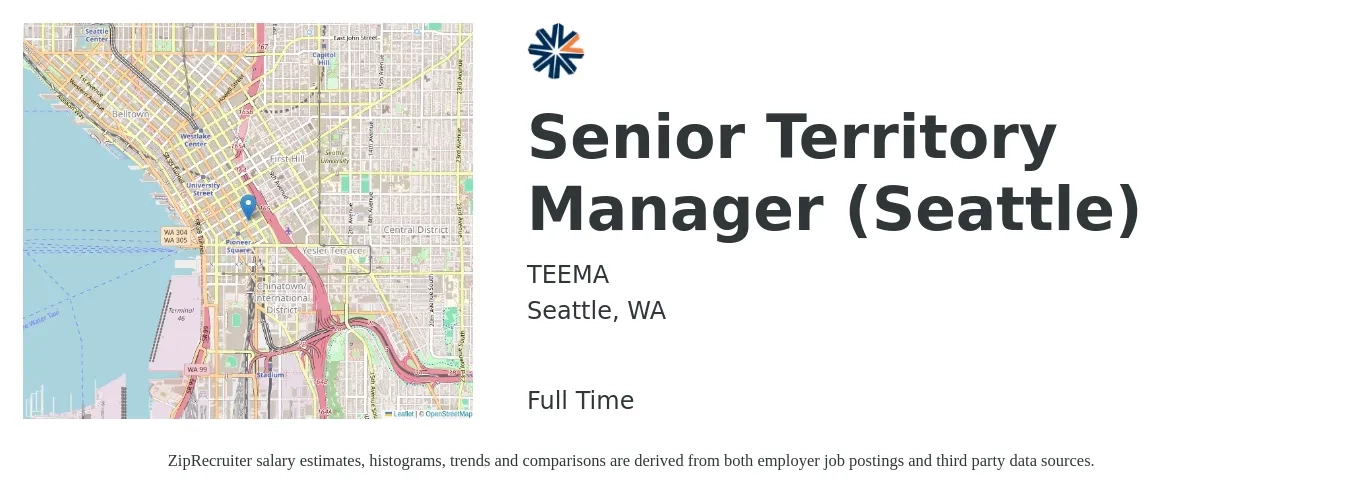TEEMA job posting for a Senior Territory Manager (Seattle) in Seattle, WA with a salary of $76,200 to $117,200 Yearly with a map of Seattle location.
