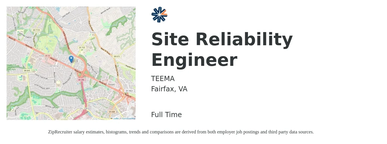 TEEMA job posting for a Site Reliability Engineer in Fairfax, VA with a salary of $58 to $78 Hourly with a map of Fairfax location.