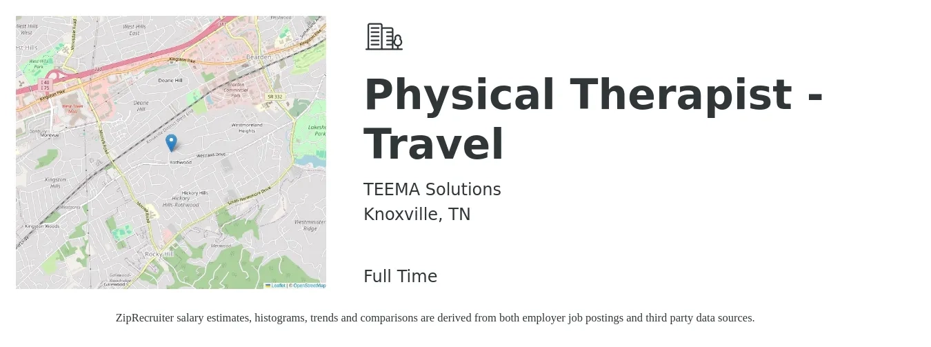 TEEMA Solutions job posting for a Physical Therapist - Travel in Knoxville, TN with a salary of $1,580 to $2,050 Weekly with a map of Knoxville location.