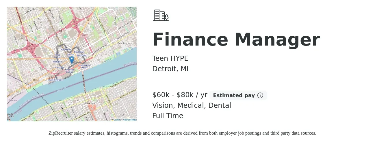Teen HYPE job posting for a Finance Manager in Detroit, MI with a salary of $60,000 to $80,000 Yearly and benefits including vision, dental, life_insurance, medical, and retirement with a map of Detroit location.