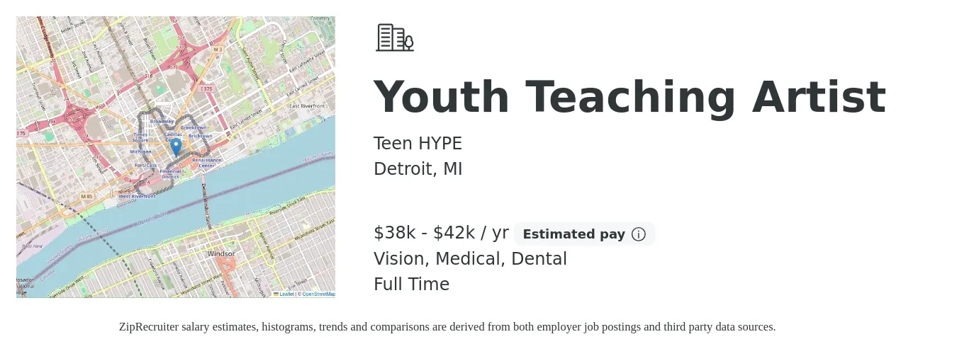 Teen HYPE job posting for a Youth Teaching Artist in Detroit, MI with a salary of $38,000 to $42,000 Yearly and benefits including retirement, vision, dental, life_insurance, and medical with a map of Detroit location.