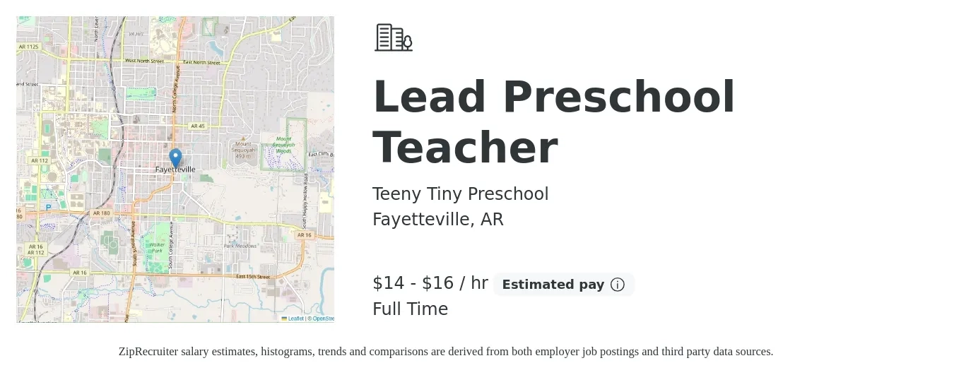 Teeny Tiny Preschool job posting for a Lead Preschool Teacher in Fayetteville, AR with a salary of $15 to $17 Hourly with a map of Fayetteville location.