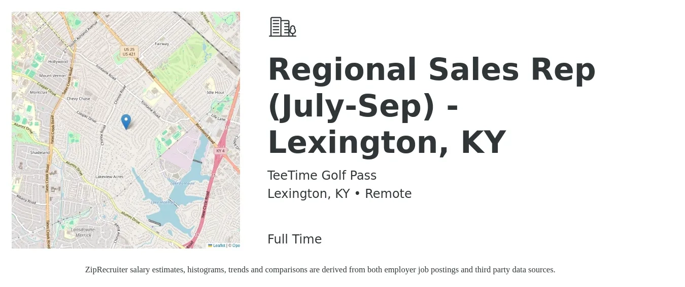 TeeTime Golf Pass job posting for a Regional Sales Rep (July-Sep) - Lexington, KY in Lexington, KY with a salary of $44,500 to $81,500 Yearly with a map of Lexington location.