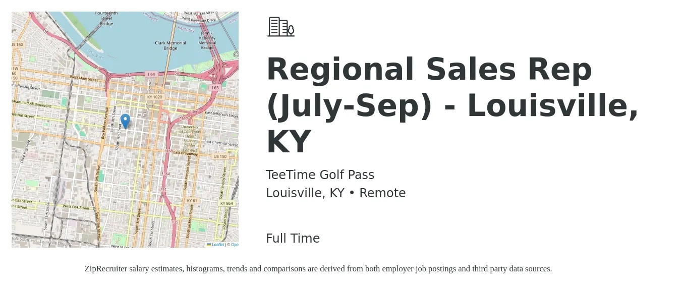 TeeTime Golf Pass job posting for a Regional Sales Rep (July-Sep) - Louisville, KY in Louisville, KY with a salary of $48,800 to $89,400 Yearly with a map of Louisville location.