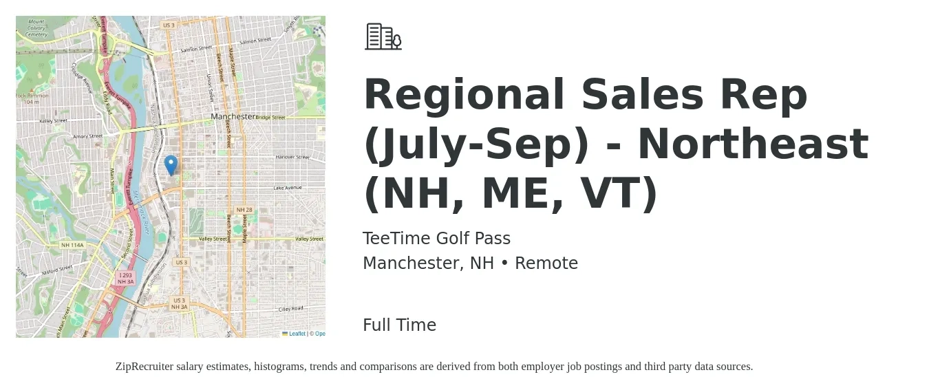 TeeTime Golf Pass job posting for a Regional Sales Rep (July-Sep) - Northeast (NH, ME, VT) in Manchester, NH with a salary of $50,300 to $92,100 Yearly with a map of Manchester location.