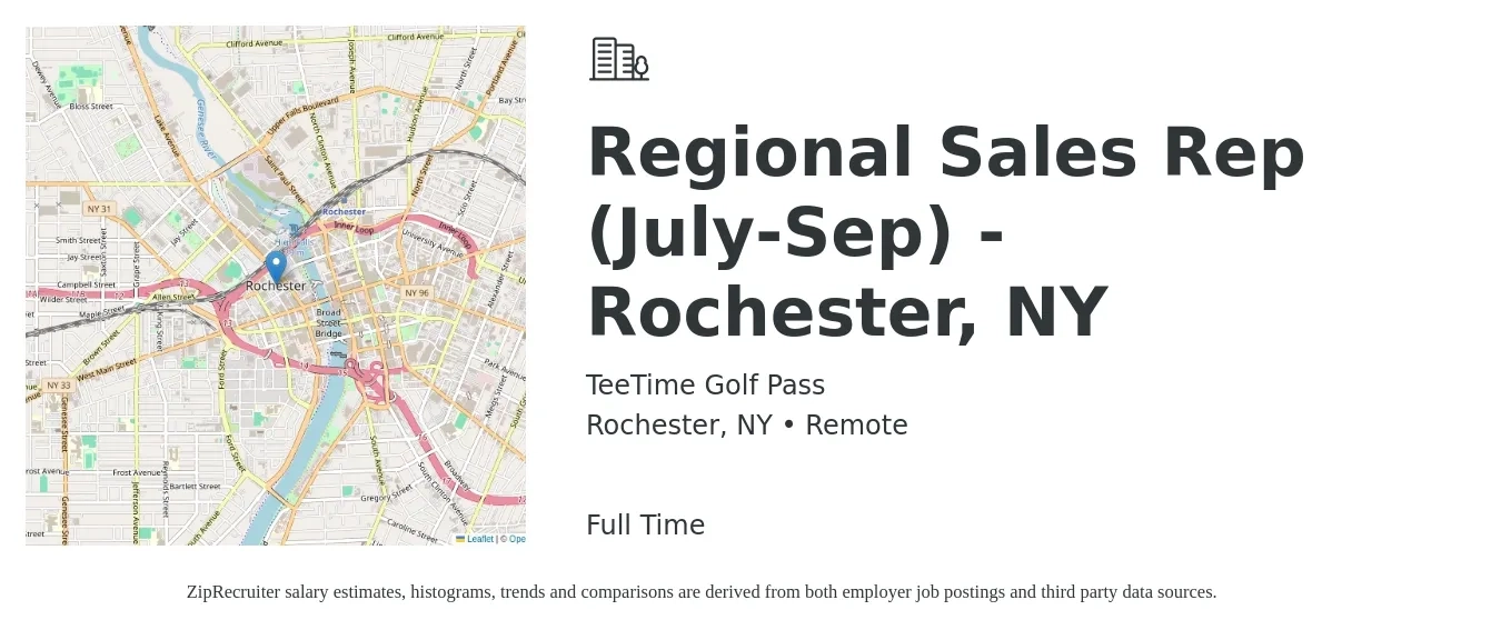 TeeTime Golf Pass job posting for a Regional Sales Rep (July-Sep) - Rochester, NY in Rochester, NY with a salary of $49,800 to $91,300 Yearly with a map of Rochester location.