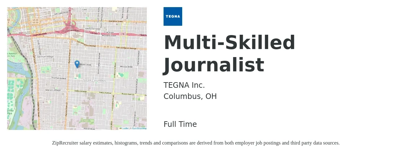 TEGNA Inc. job posting for a Multi-Skilled Journalist in Columbus, OH with a salary of $18 to $35 Hourly with a map of Columbus location.