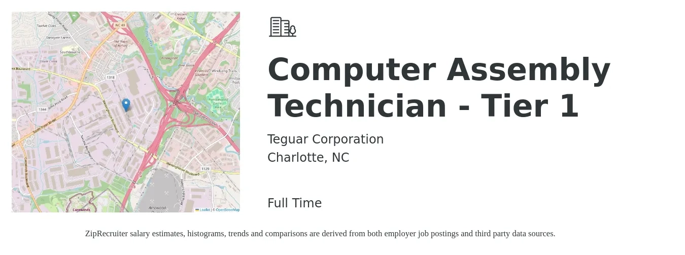 Teguar Corporation job posting for a Computer Assembly Technician - Tier 1 in Charlotte, NC with a salary of $17 to $23 Hourly with a map of Charlotte location.