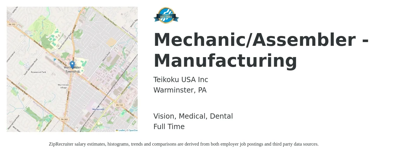 Teikoku USA Inc job posting for a Mechanic/Assembler - Manufacturing in Warminster, PA with a salary of $18 to $22 Hourly and benefits including retirement, vision, dental, life_insurance, and medical with a map of Warminster location.