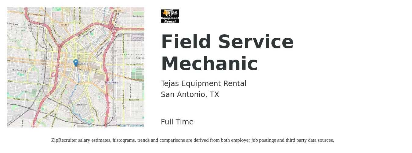 Tejas Equipment Rental job posting for a Field Service Mechanic in San Antonio, TX with a salary of $22 to $31 Hourly with a map of San Antonio location.