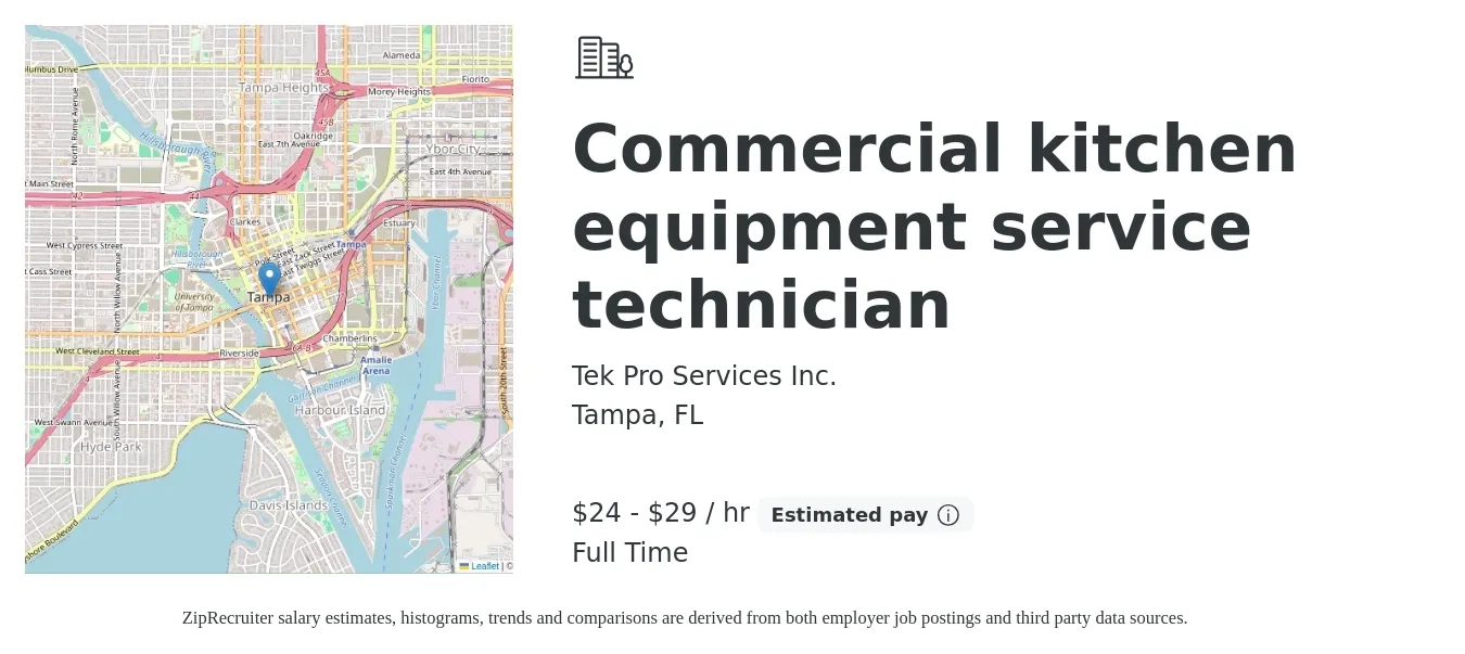 Tek Pro Services Inc. job posting for a Commercial kitchen equipment service technician in Tampa, FL with a salary of $25 to $31 Hourly with a map of Tampa location.