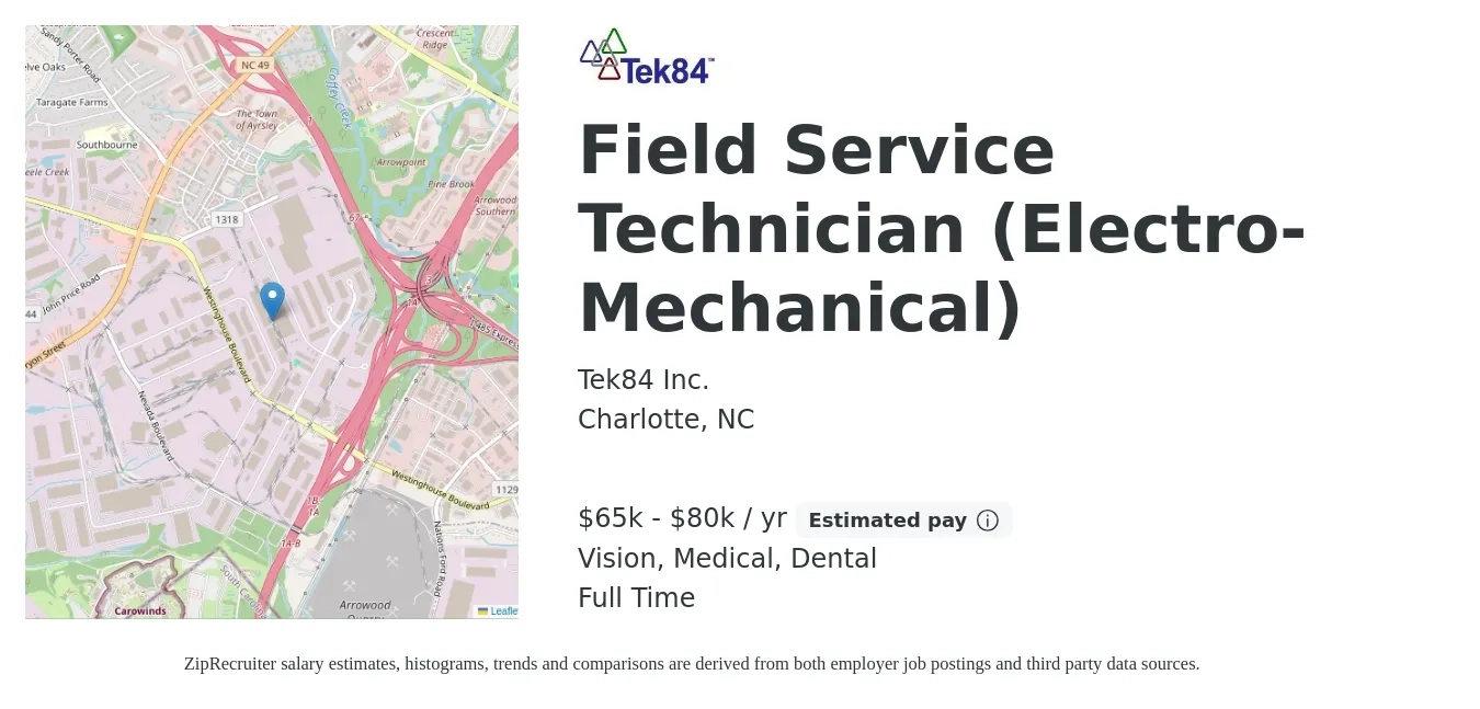 Tek84 Inc. job posting for a Field Service Technician (Electro-Mechanical) in Charlotte, NC with a salary of $65,000 to $80,000 Yearly and benefits including life_insurance, medical, vision, and dental with a map of Charlotte location.