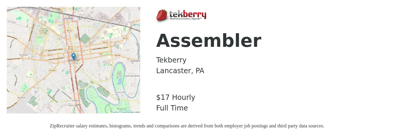 Tekberry job posting for a Assembler in Lancaster, PA with a salary of $18 Hourly with a map of Lancaster location.