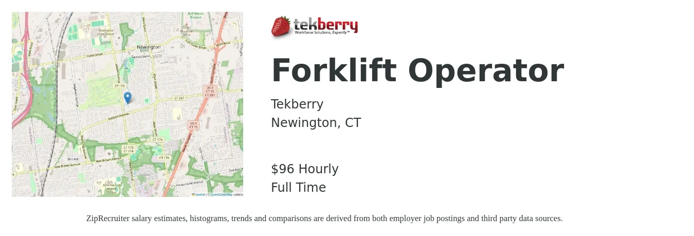 Tekberry job posting for a Forklift Operator in Newington, CT with a salary of $100 Hourly with a map of Newington location.