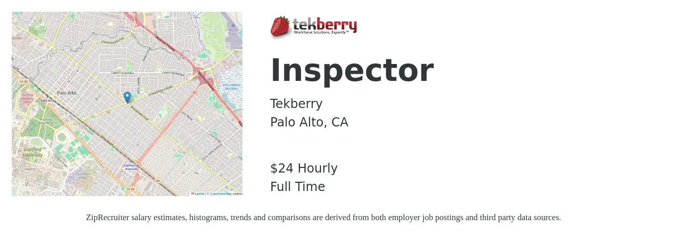 Tekberry job posting for a Inspector in Palo Alto, CA with a salary of $25 Hourly with a map of Palo Alto location.