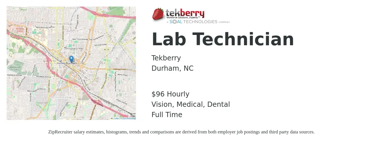 Tekberry job posting for a Lab Technician in Durham, NC with a salary of $100 Hourly with a map of Durham location.