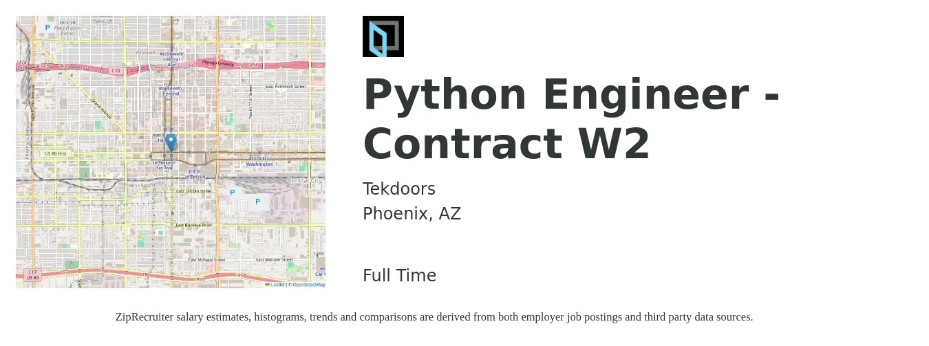 Tekdoors job posting for a Python Engineer - Contract W2 in Phoenix, AZ with a salary of $107,500 to $160,100 Yearly with a map of Phoenix location.